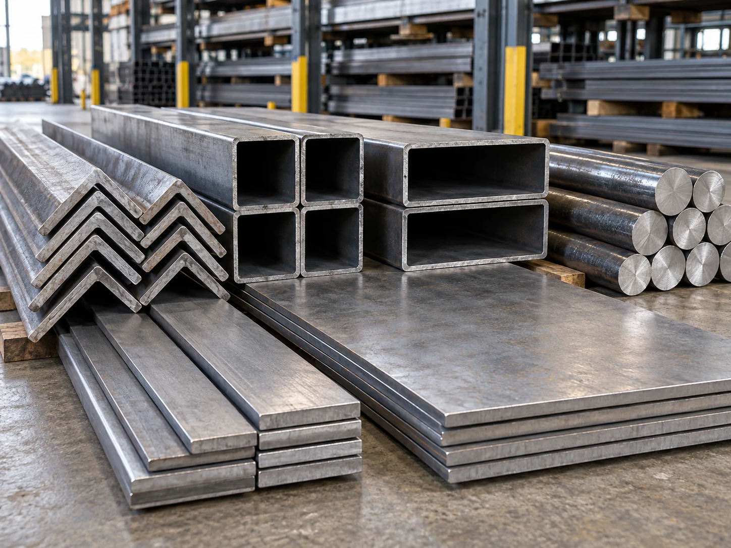 Stacks of steel in a warehouse